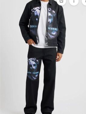 Relaxed Black Graphic Jeans with Blue Accent